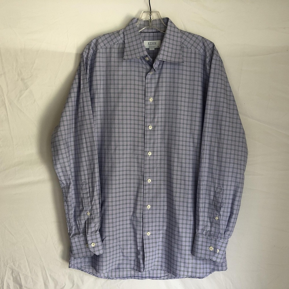 Eton Shirt Mens Large 16.5 34/35 Purple Check Contemporary Fine Twill Cotton